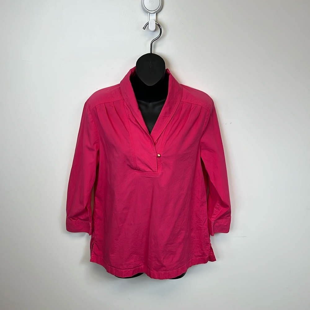 Talbots Bright Pink 3/4 Sleeve Mandarin Collar Blouse Top Shirt